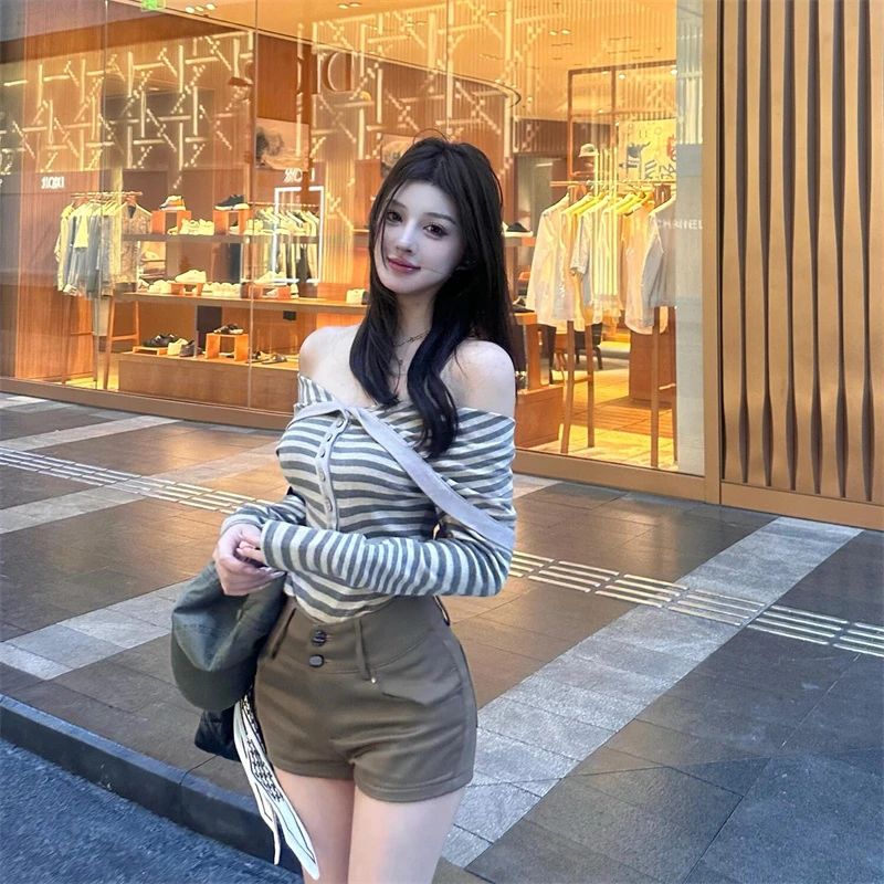 新款露肩撞色条纹翻领长袖上衣女设计感小众薄款套头古早t恤