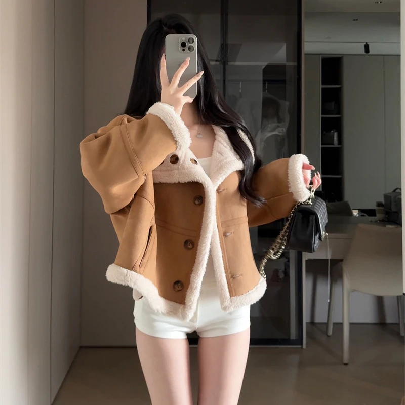 韩系慵懒风卡其色正反两穿一体外套宽松显瘦外搭小个子