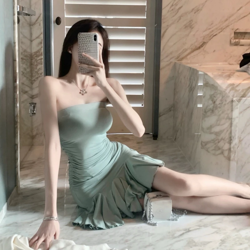 韩国抹胸鱼尾连衣裙夏荷叶边背心褶皱紧身纯欲性感包臀裹胸短裙女