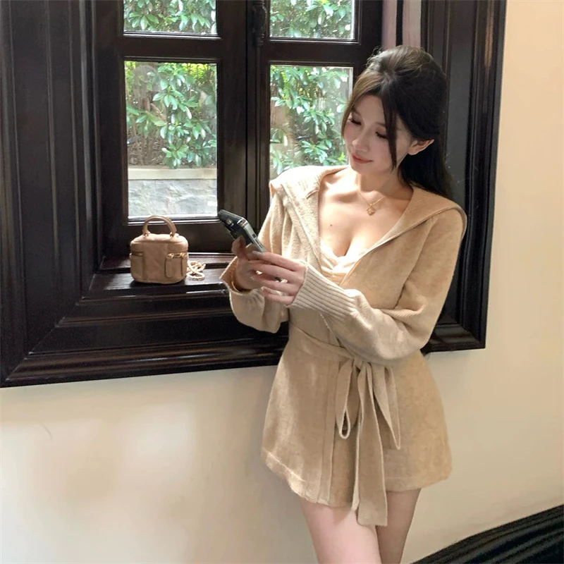 【韩系慵懒】拉链系带大翻领针织衫中长款毛衣上衣外套女