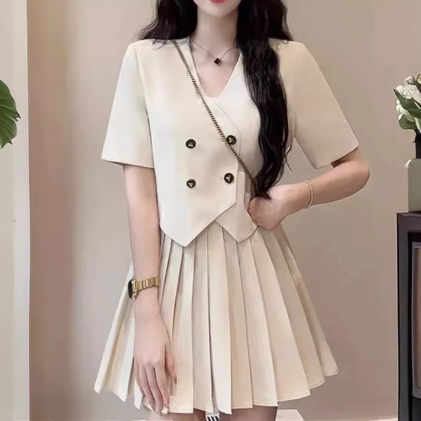小个子夏大码高级时尚短袖显瘦减龄洋气上衣两件套气质百褶半身裙