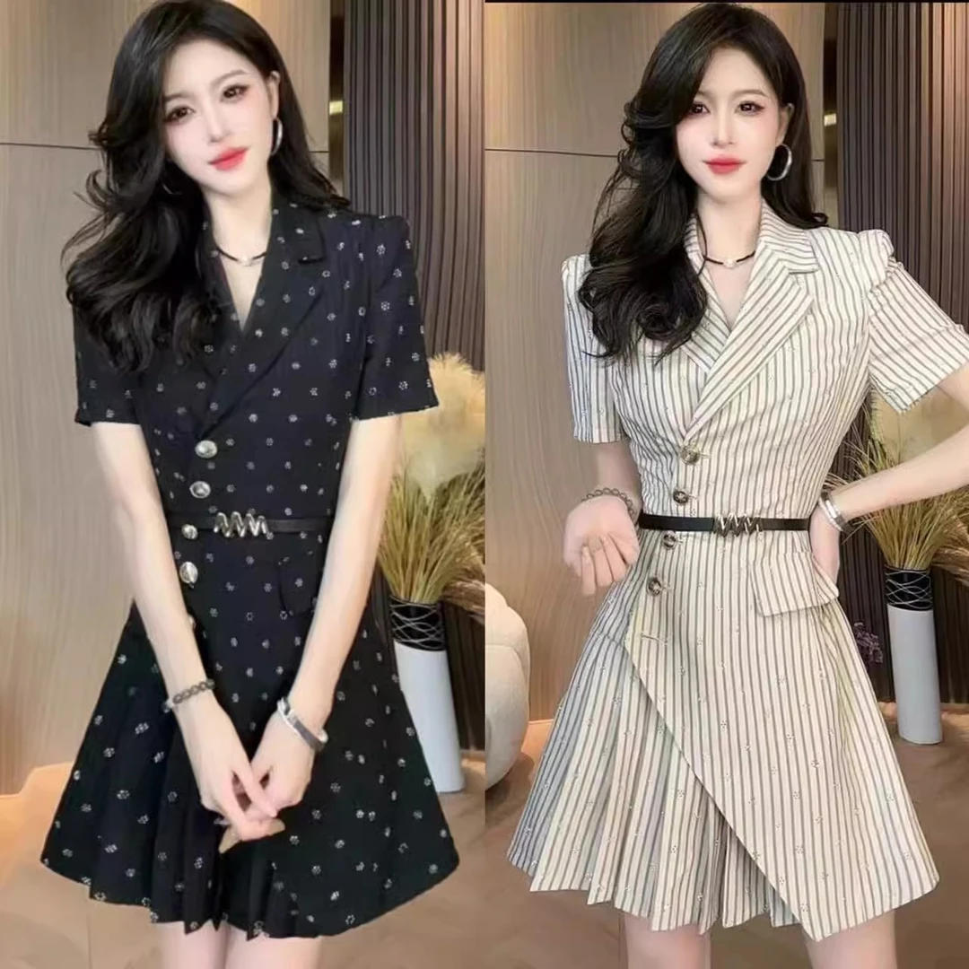 法式气质名媛时尚连衣裙女装夏洋气高级感西装领条纹收腰显瘦短裙