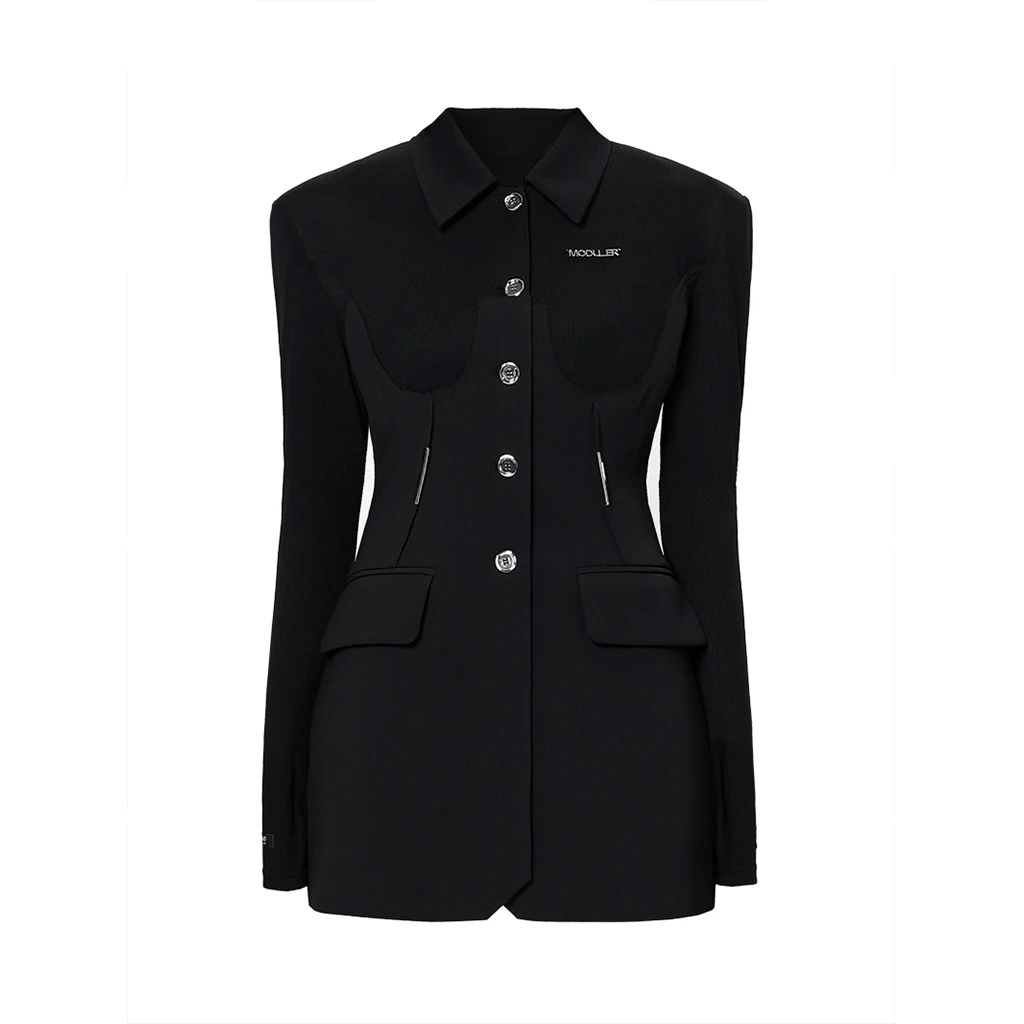 MODULER新款 原创针织拼接收腰显瘦西装连衣裙女