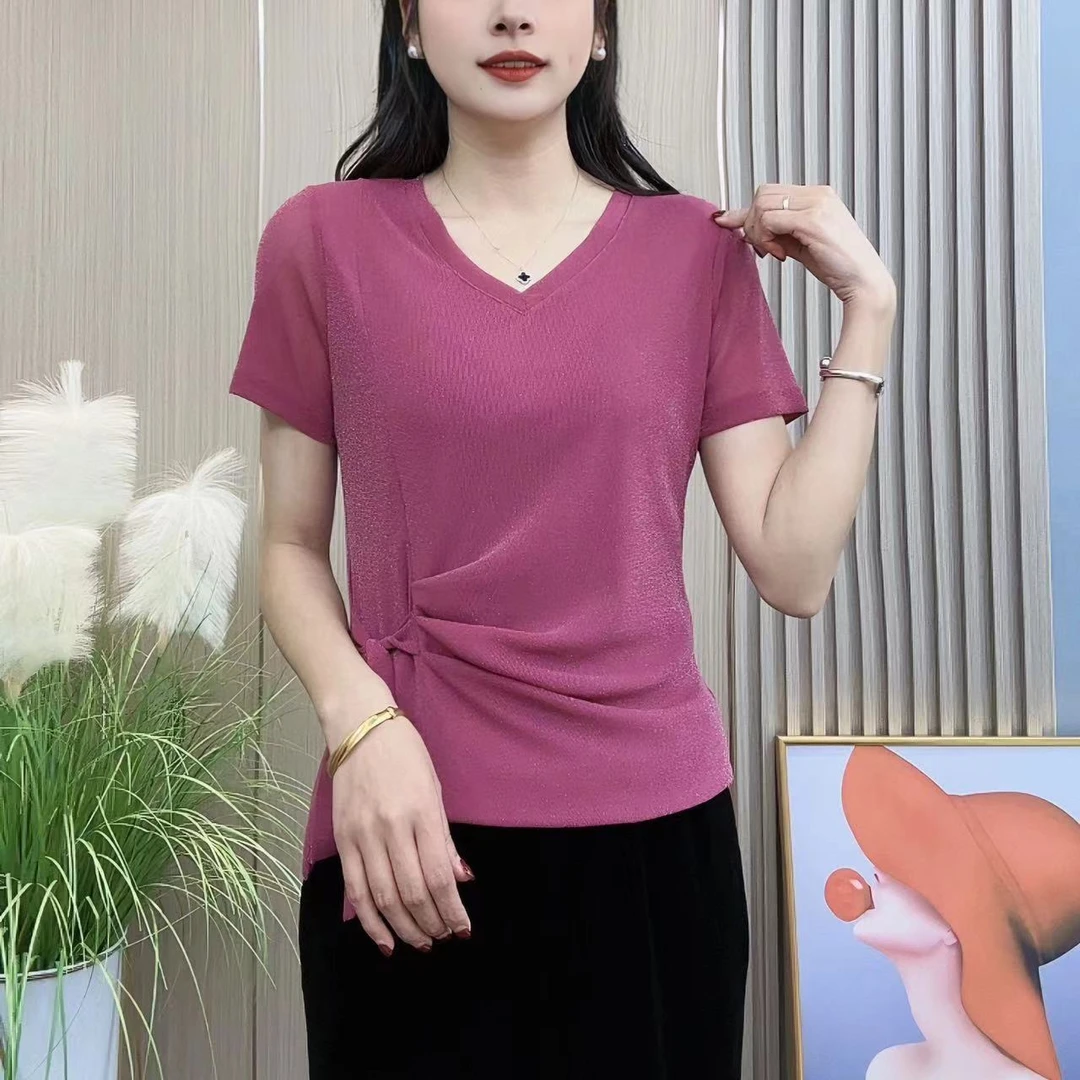 2024夏季新款女士V领纯色显瘦弹力星空纱时尚洋气百搭系带短袖T恤
