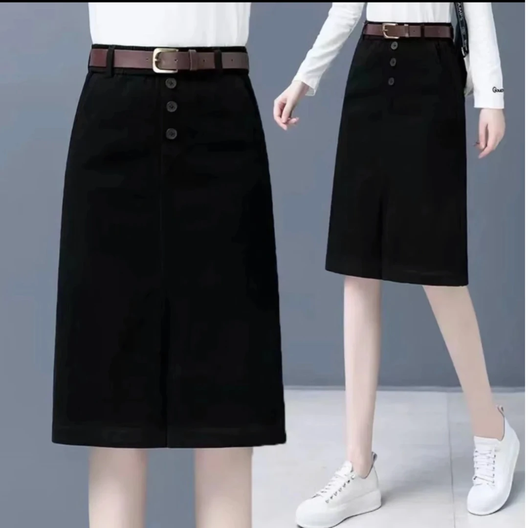 2024春季新款女士休闲时尚气质纯色显瘦开叉百搭水洗棉中腰半身裙