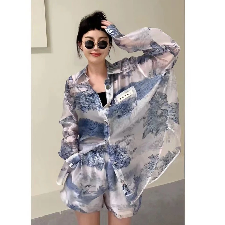 欧货2024夏季新款时尚国风水墨画显瘦防晒女衬衫短裤套装宽松长袖