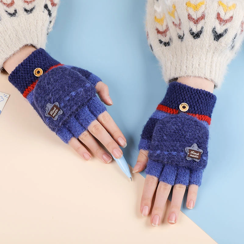 儿童手套冬季保暖可爱卡通露指翻盖半指毛线针织男女童学生写字用