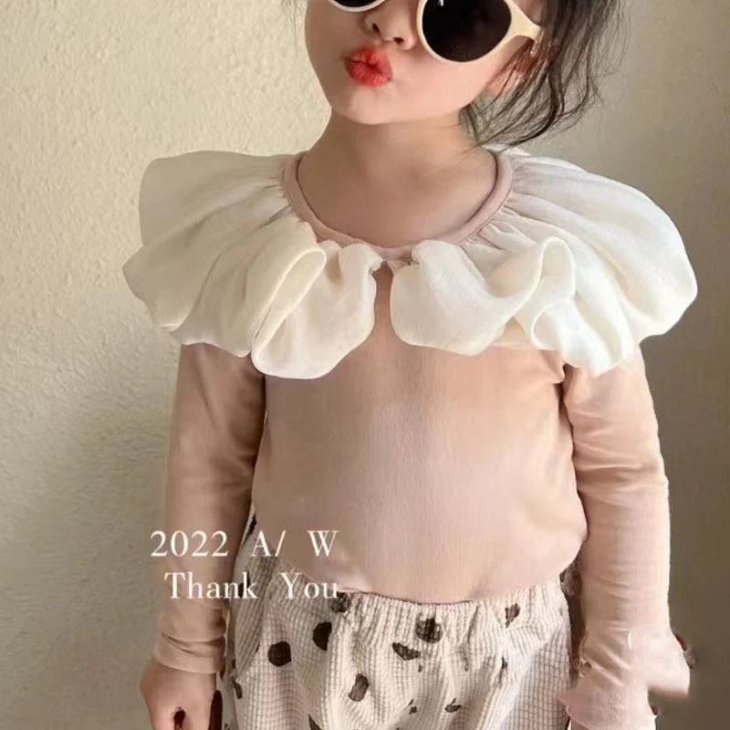 女童黑色花边领打底衫2023春秋薄款长袖甜美韩版公主弹力儿童T恤