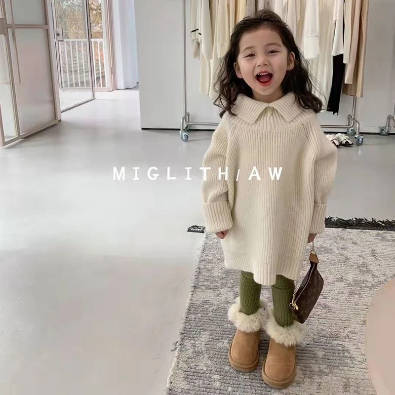 童装韩版儿童上衣冬季新款中小女童设计感翻领宽松慵懒风宝宝毛衣