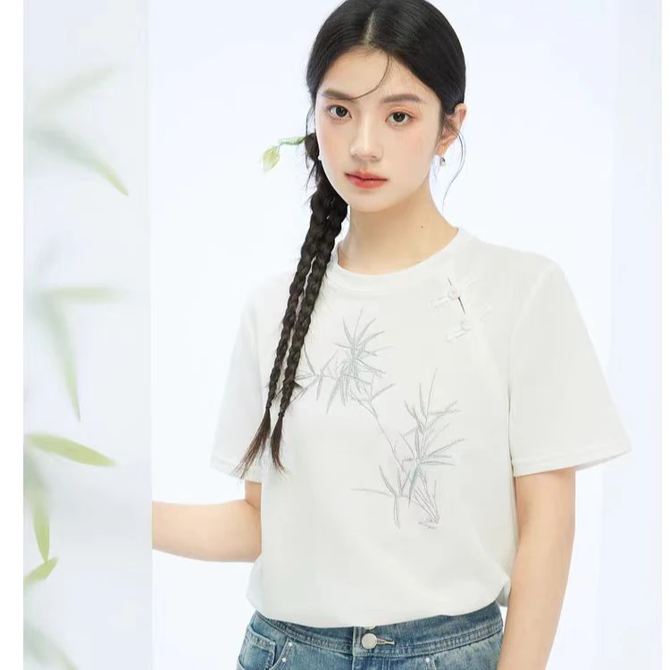 新中式棉T时尚休闲百搭国风复古宽松夏季圆领刺绣女款上衣T970