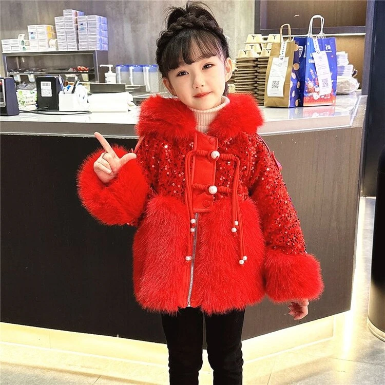 女童冬装2024新款魔法帽宽松加绒加厚网红亮片新年拜年服保暖外套