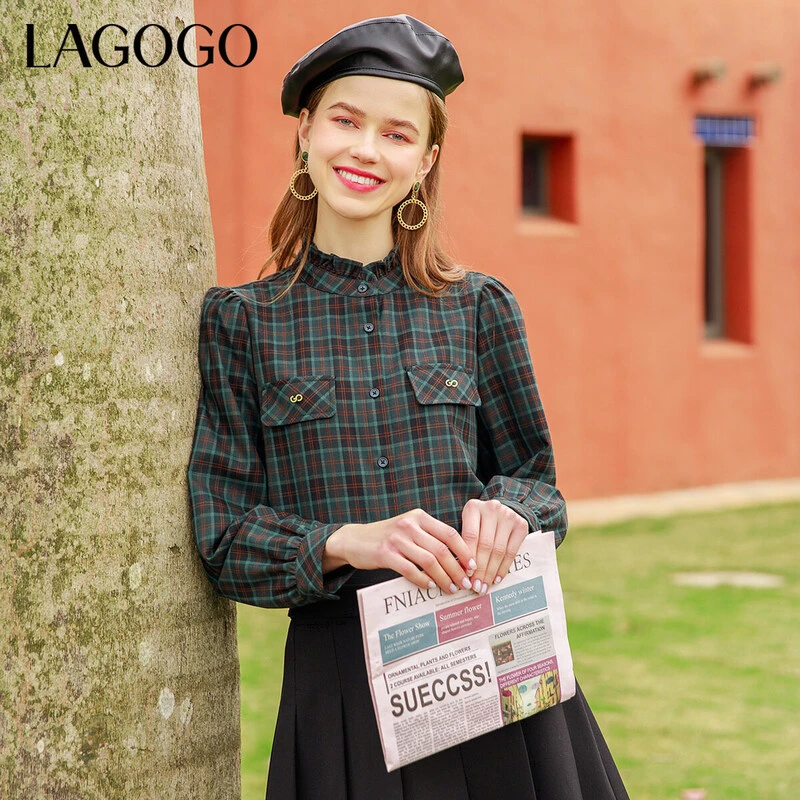 Lagogo拉谷谷新款立领单排扣泡泡袖格纹衬衫女LACC441A14
