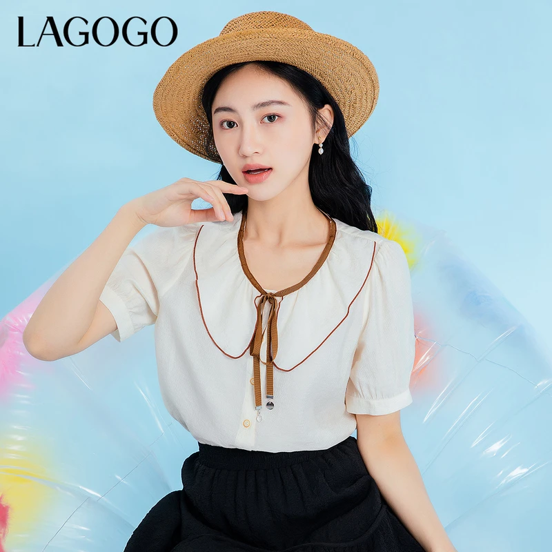 lagogo新款娃娃领泡泡袖撞色系带上衣女MASS333A14