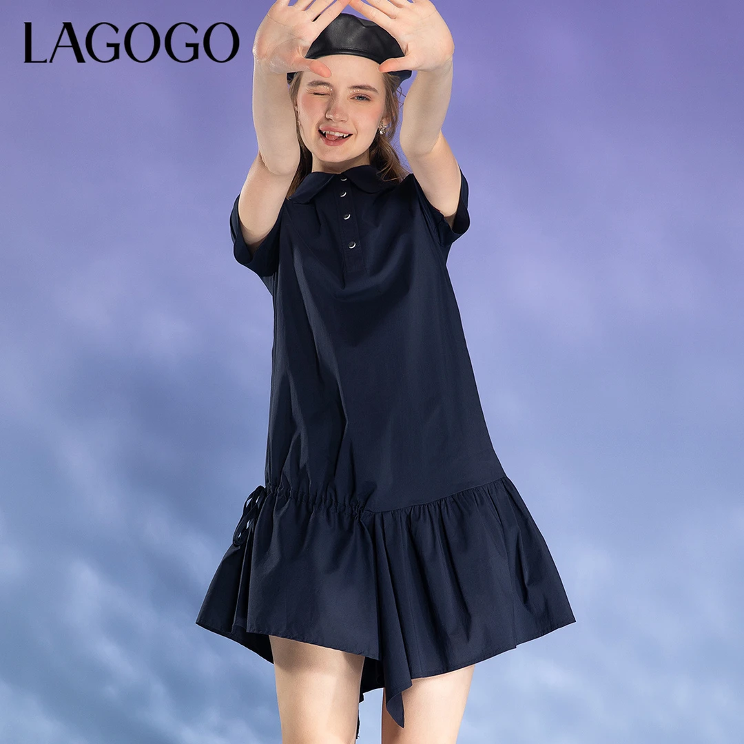 Lagogo拉谷谷夏新款翻领泡泡袖不规则连衣裙女藏青色LALL333C58