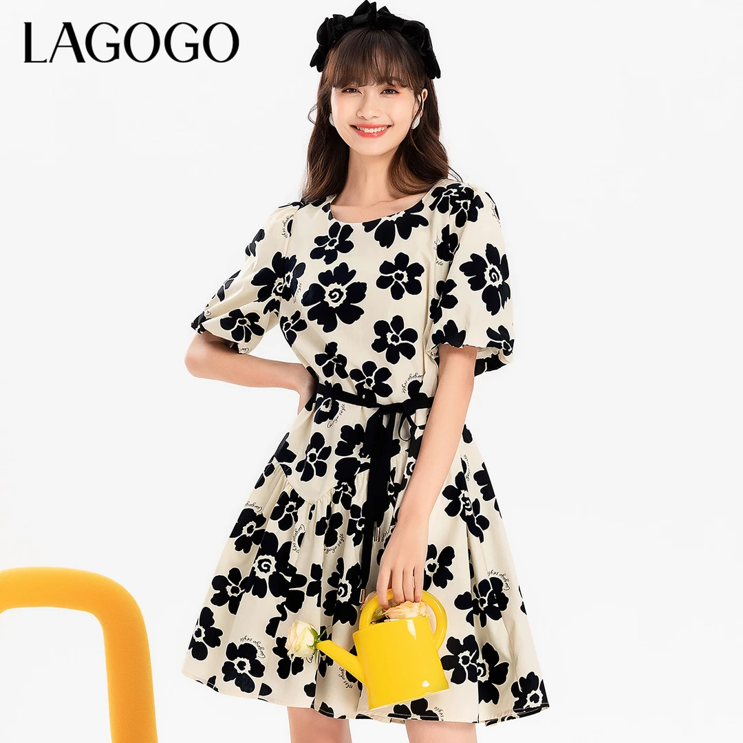 lagogo新款复古风大印花系带连衣裙女MALL304A46