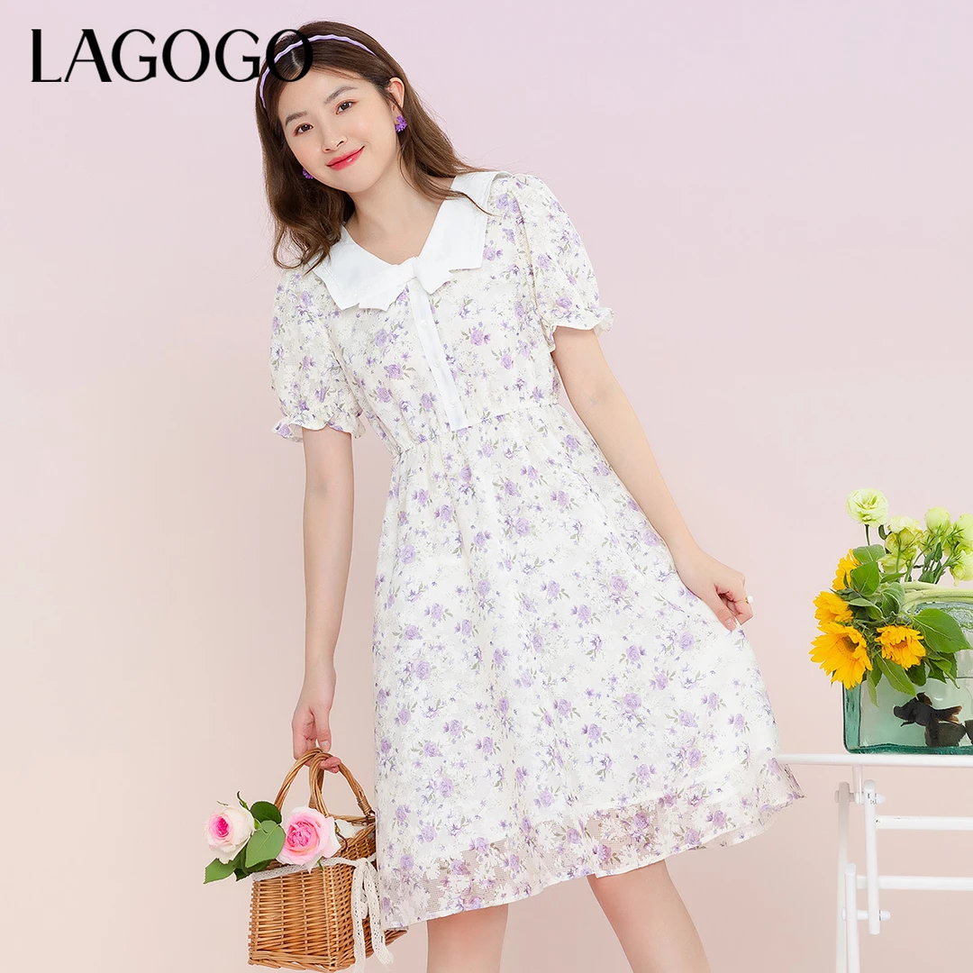 Lagogo新款甜美泡泡袖温柔碎花裙女MALL305C42