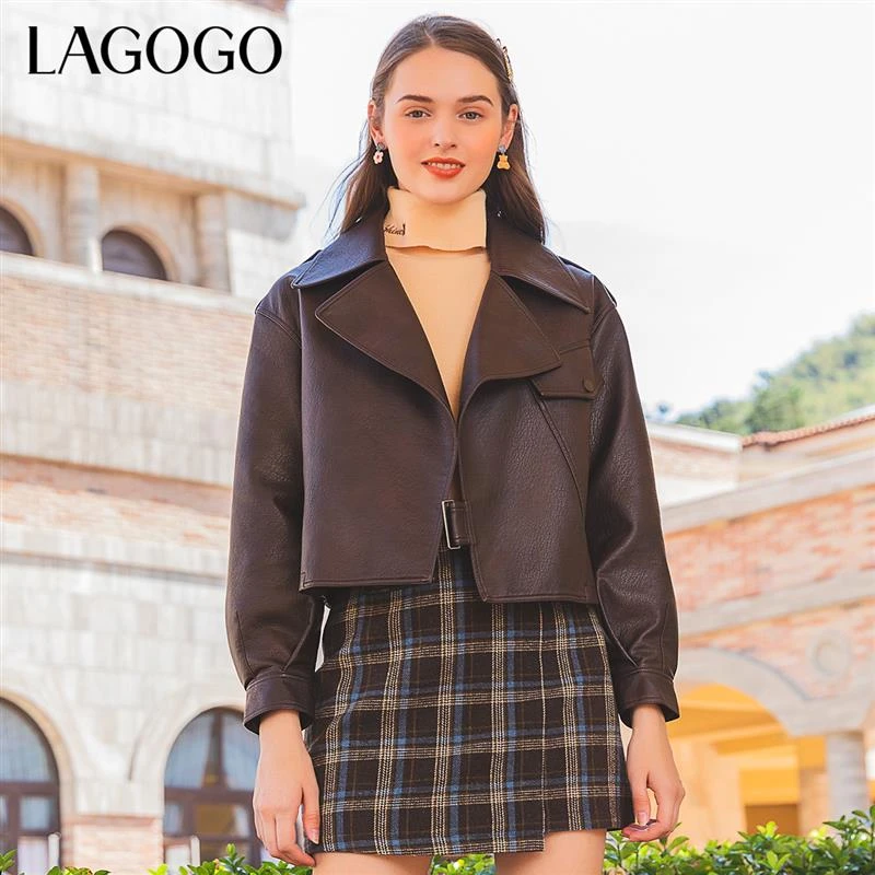 Lagogo/拉谷谷红棕色西装领街头休闲短款外套女皮衣春秋时尚宽松
