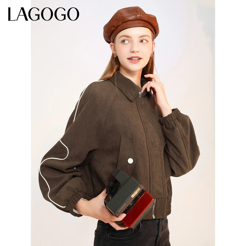 lagogo拉谷谷新款气质翻领落肩袖百搭短外套女MCWW539F41