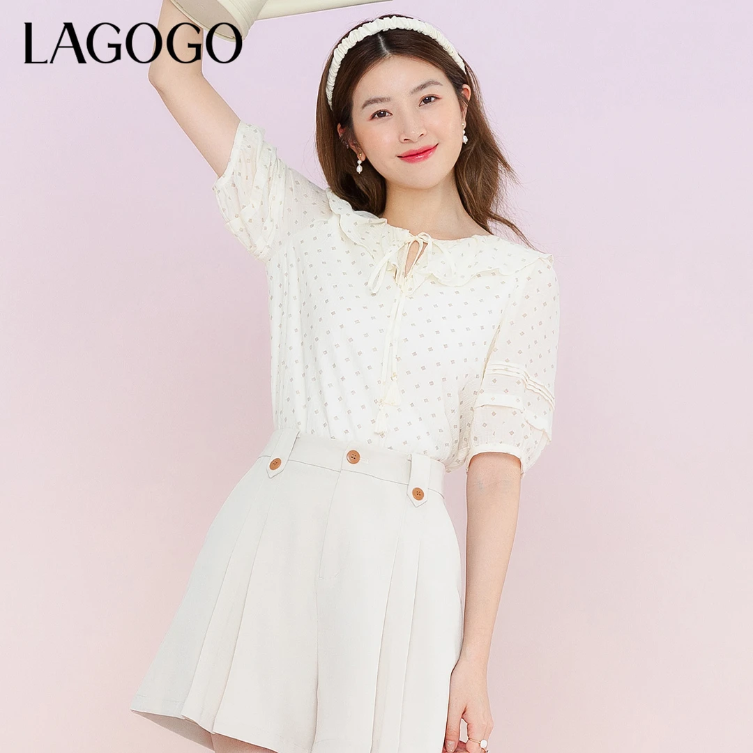 lagogo新款V领系带流苏设计感雪纺衫女MASS305A29