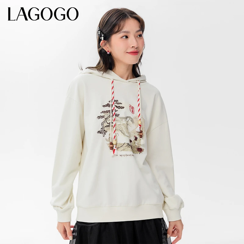 Lagogo新款连帽撞色抽绳落肩袖卫衣LCEE418C07上衣时尚休闲