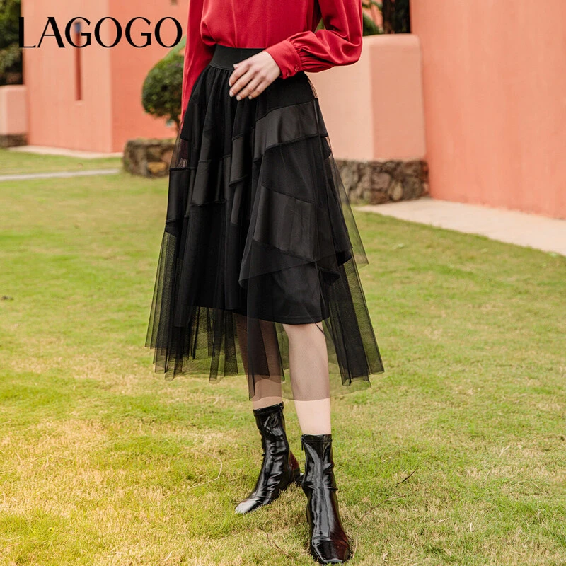Lagogo新款松紧高腰拼接网纱半裙女LABB352A83