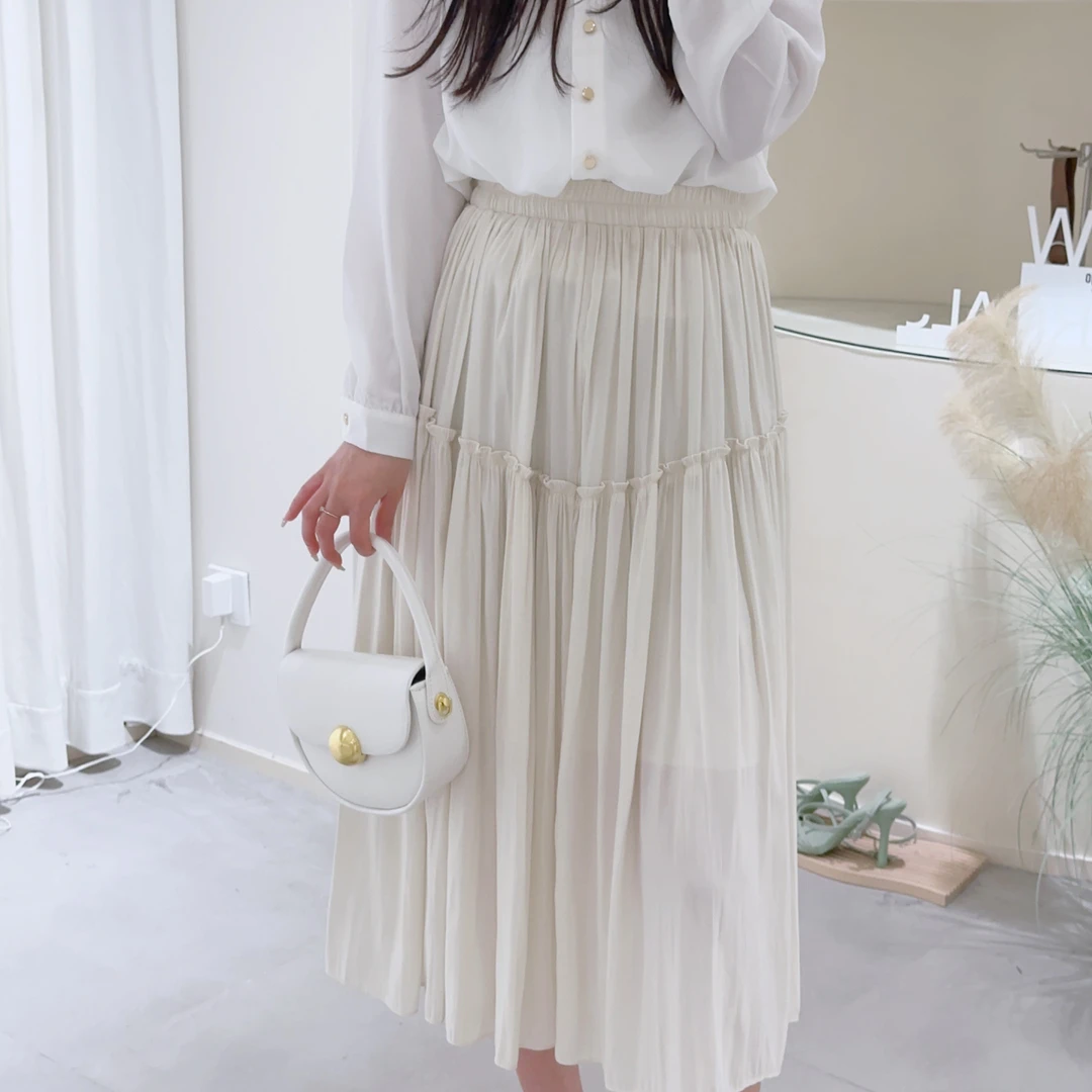 Lagogo/拉谷谷半身裙高腰百搭纱裙长款中长款百褶A字半身裙高腰