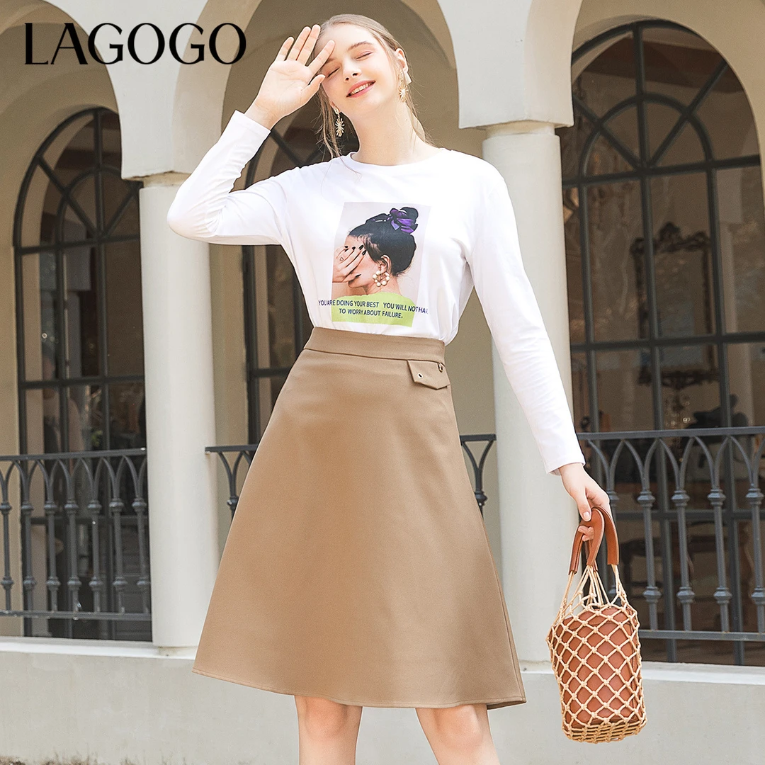 Lagogo高腰拉链A字摆中长款驼色女拉谷谷秋季新款气质半身裙半裙