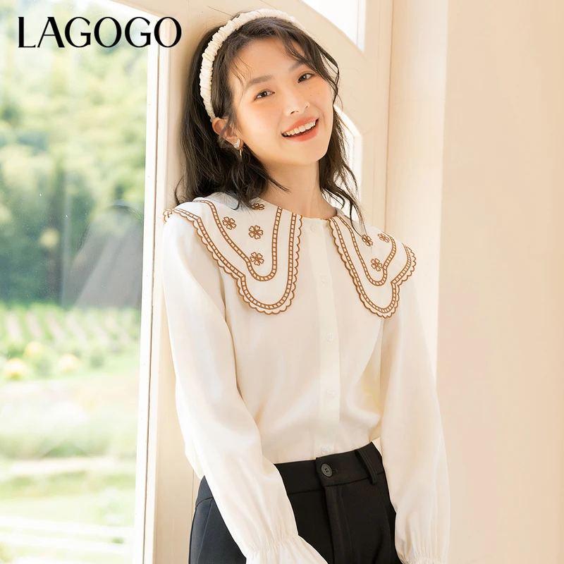 Lagogo新款撞色刺绣娃娃领泡泡袖衬衫女LCCC418A24上衣气质