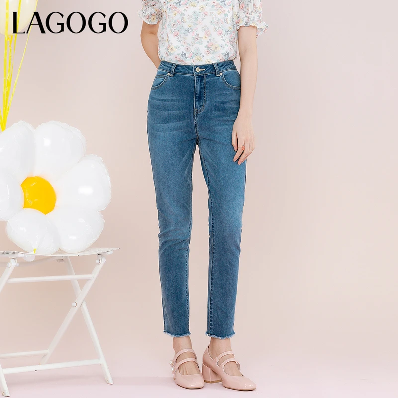 lagogo新款弹力舒适剪边显瘦牛仔裤女MANN435A74