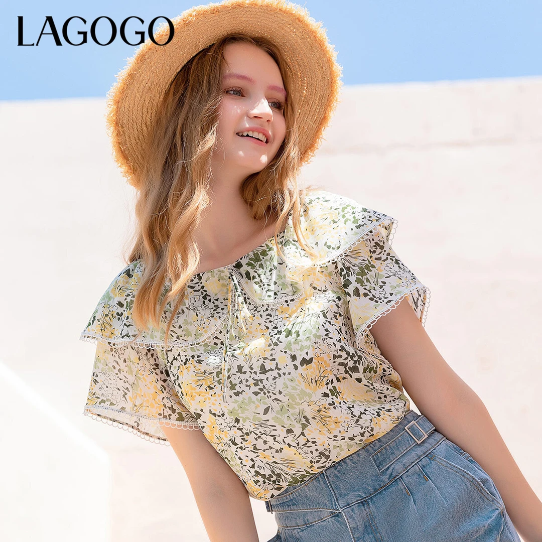 【本草纲目系列】Lagogo夏季新款森女短袖上衣设计感碎花显瘦