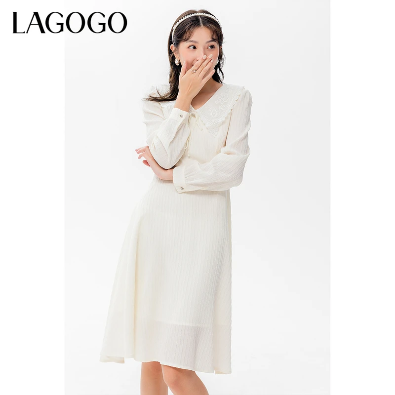 新款拼接蕾丝绣花领中长款连衣裙LCLL438C5连衣裙