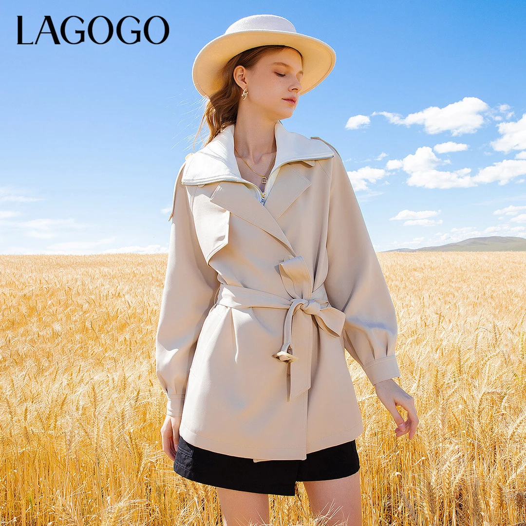 lagogo新款假两件气质系带设计感风衣女MCFF138C48