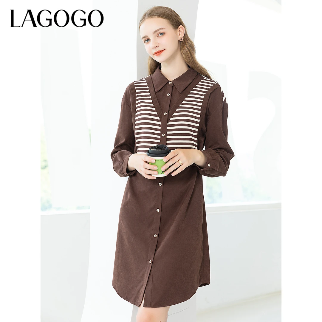 lagogo新款条纹舒适高腰落肩连衣裙女MCLL459A59