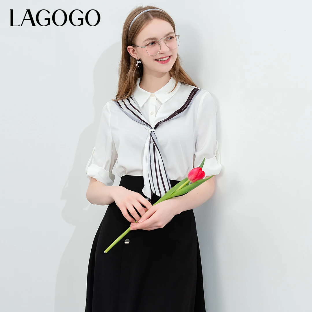lagogo拉谷谷新款条纹拼接气质百搭通勤衬衫女NACC314B12