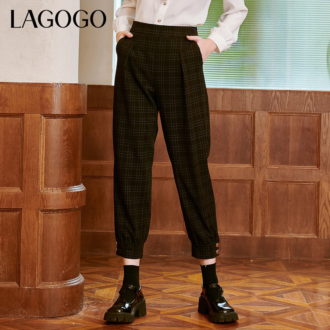Lagogo松紧高腰格纹扣百搭休闲裤女直筒拉谷谷春秋季新款宽松长裤