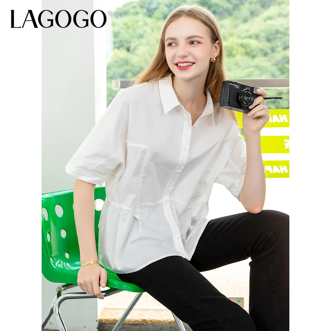 lagogo秋季新款蝙蝠袖舒适宽松白衬衫女MACC237C24