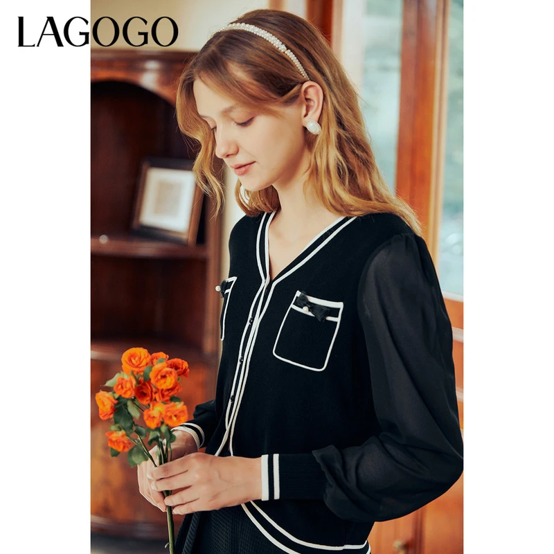 Lagogo撞色泡泡袖蝴蝶结小众开衫针织衫女LCMM858A32上衣小香风