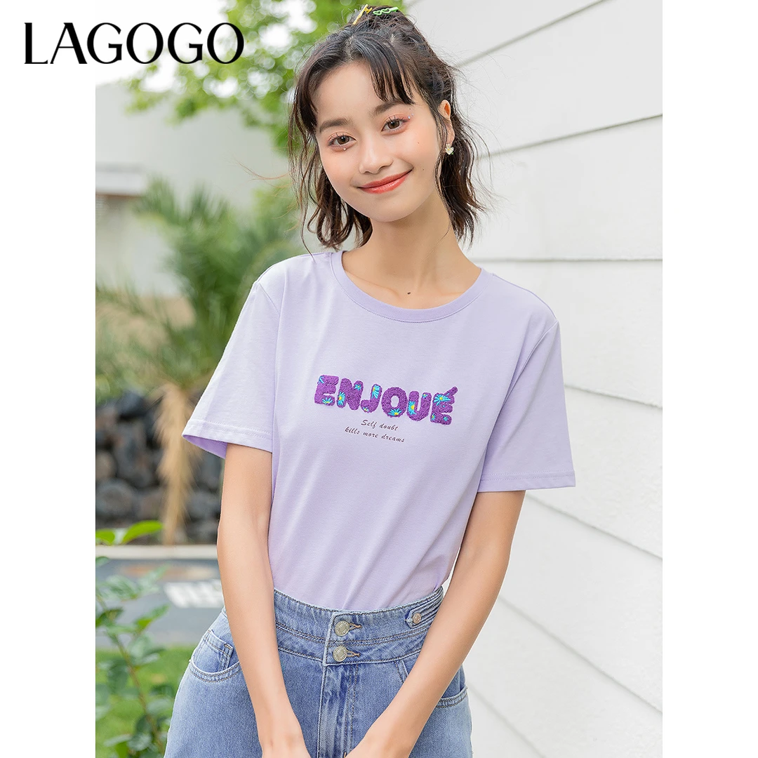 Lagogo新款牙刷绣舒适正肩T恤女MATT315C04