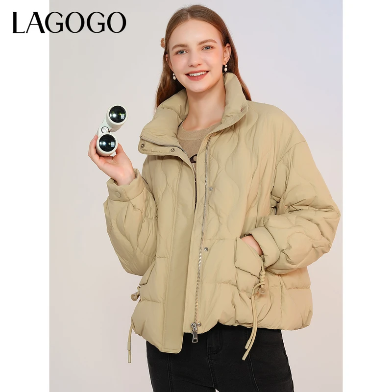Lagogo新款立领舒适简约牛角扣羽绒服女MCYY23XC52