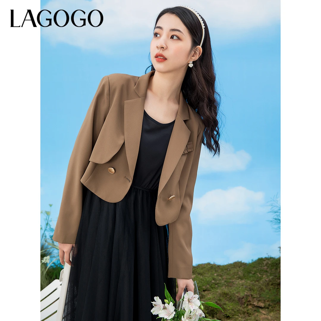 Lagogo拉谷谷春新款高腰西装连衣裙女网纱百褶裙中长款休闲
