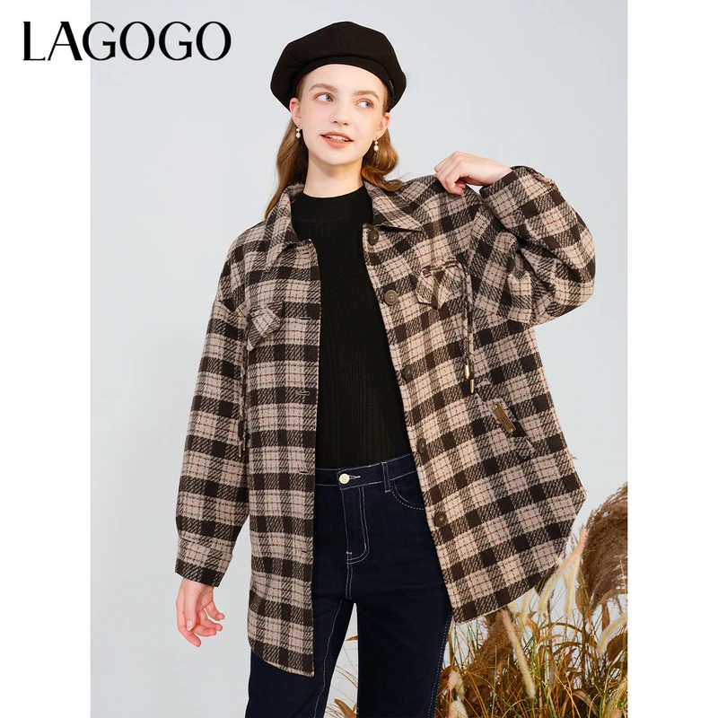 lagogo新款复古格子仿毛呢挺括外套女MCWW549C46