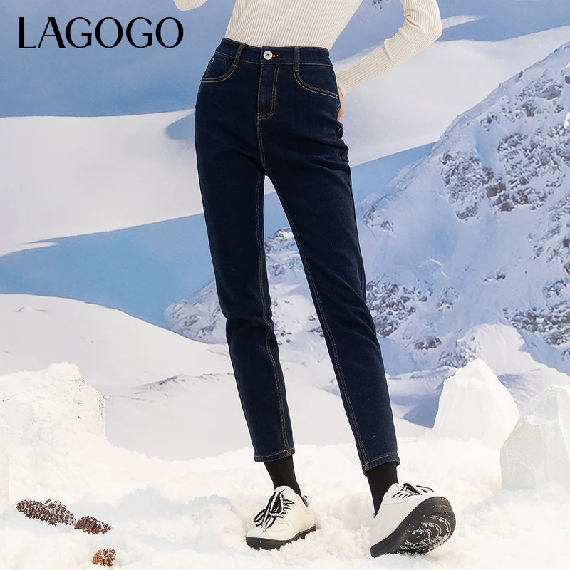 Lagogo新款高腰撞色明线铅笔牛仔裤牛仔裤修身女LCNN439A91