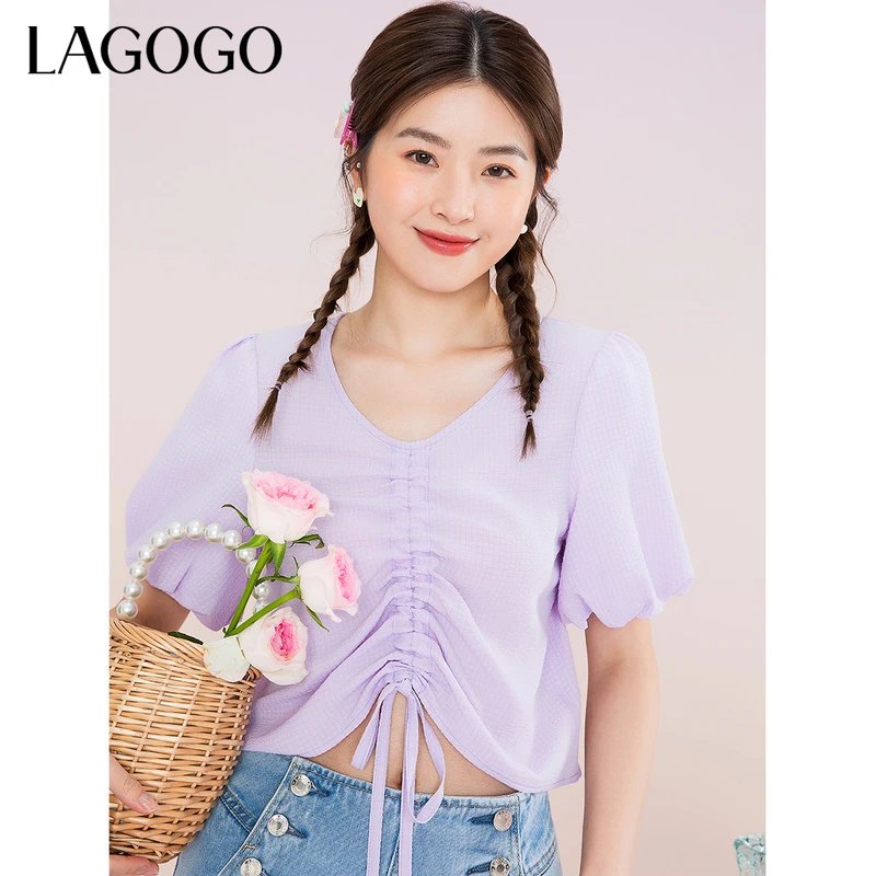 lagogo新款弹力舒适泡泡袖系带上衣女MASS335C12