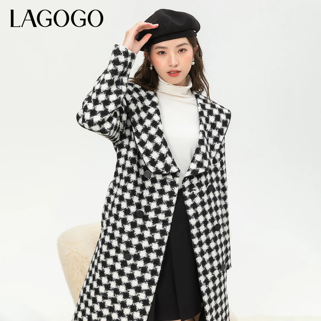Lagogo新款经典千鸟格双排扣系带大衣女LCDD34XC47