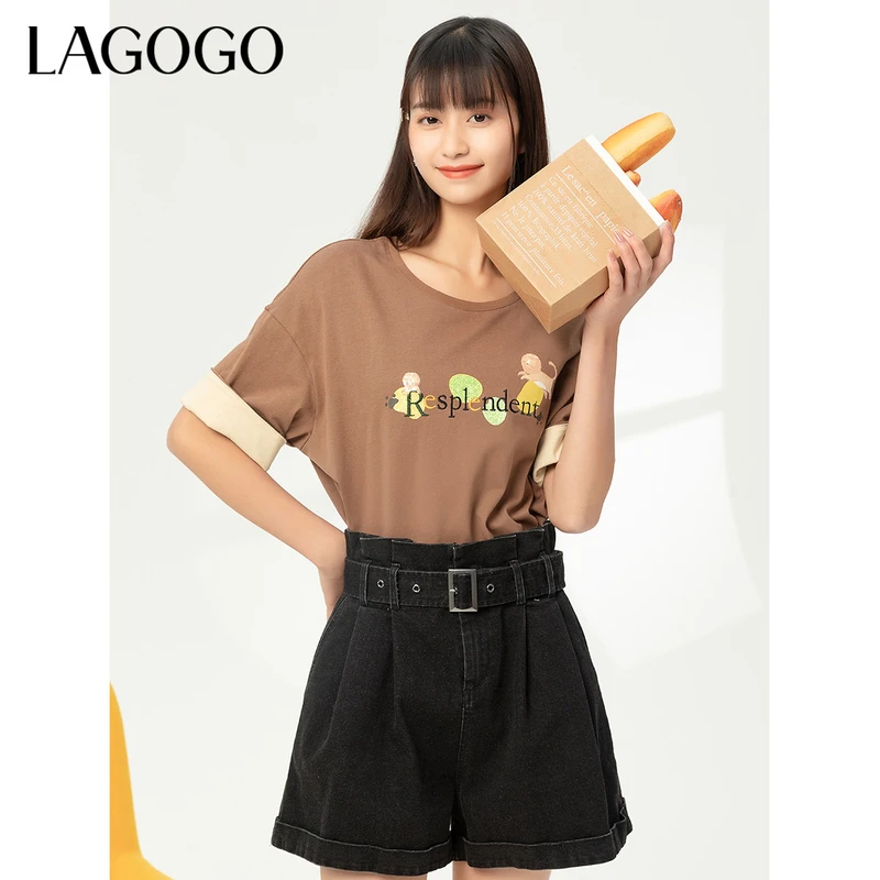 Lagogo新款撞色翻边刺绣元气T恤女MATT313A05