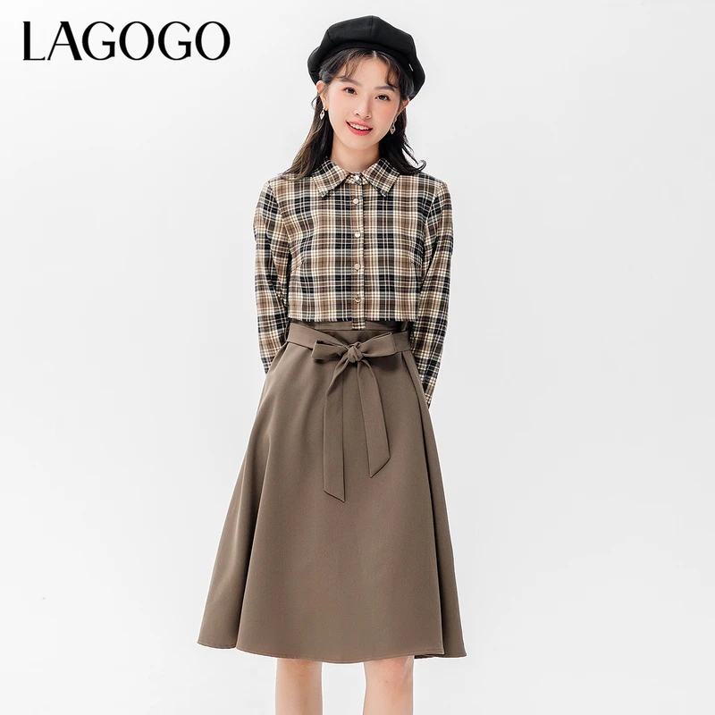 Lagogo新款假两件设计百褶高腰连衣裙气质LCLL458C53连衣裙
