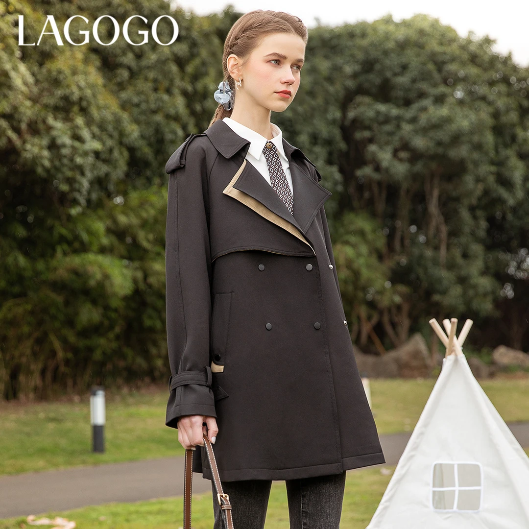 Lagogo拉谷谷春季新款西装领中长款插肩袖风衣女双排扣外套
