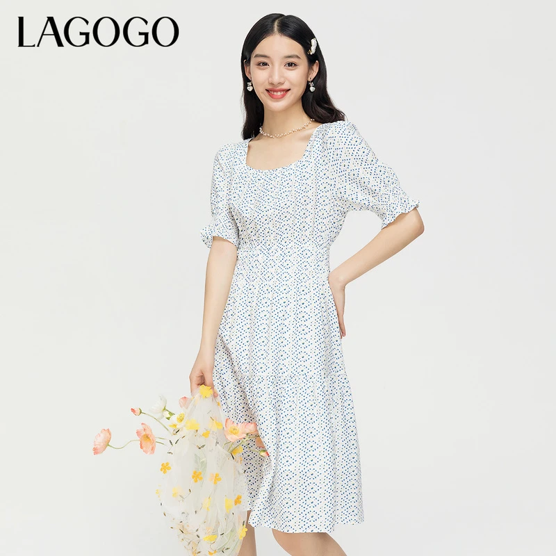 Lagogo新款方领松紧高腰撞色波点连衣裙女LALL304C59