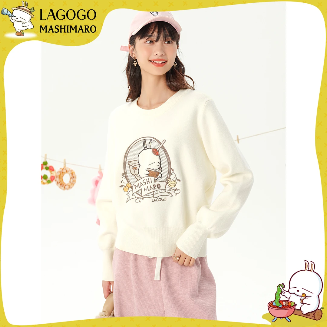 lagogo拉谷谷新款流氓兔刺绣舒适弹力针织衫女MCMM41YA33