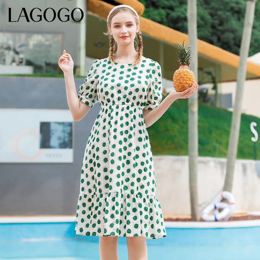 Lagogo夏款圆领收腰A字裙波点印花连衣裙女春夏显瘦连衣裙